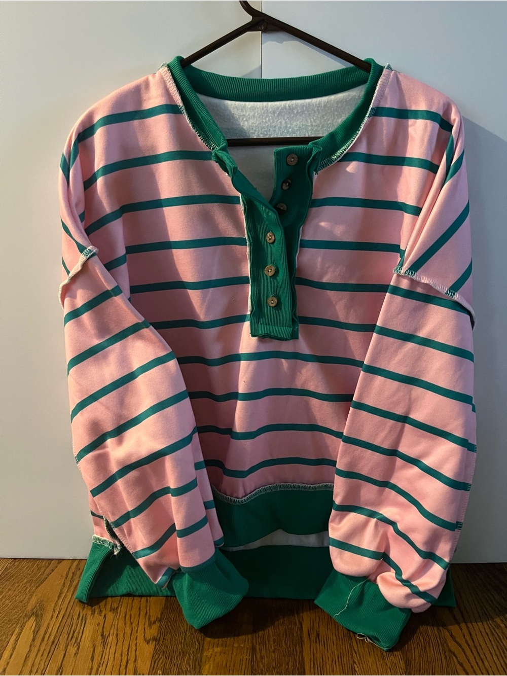 Pink & Green Striped Button Henley Sweatshirt